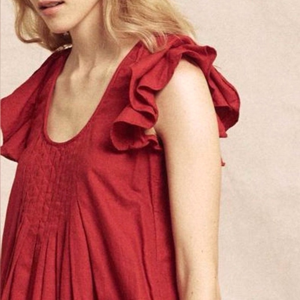 The Great Flutter Tulip Dress Red Linen Blend Ruffle Sleeve Midi Pockets L - Picture 3 of 10